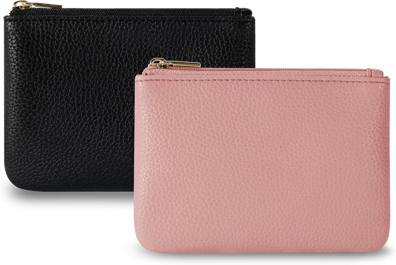 Chelmon PU Leather Coin Purse Pouch Change Holder Small With Zipper for Men Women 2 PCS Set (Black&Pink) - Image 1